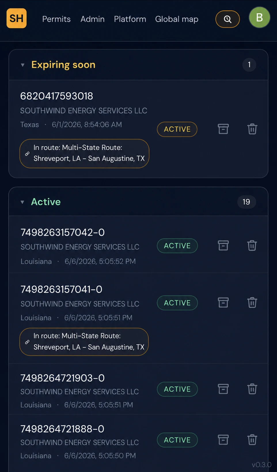 The SafeHaul permits list on a phone: permits grouped into Expiring soon and Active, each row showing a status badge, issuing state, and date; some rows link to a multi-state route.
