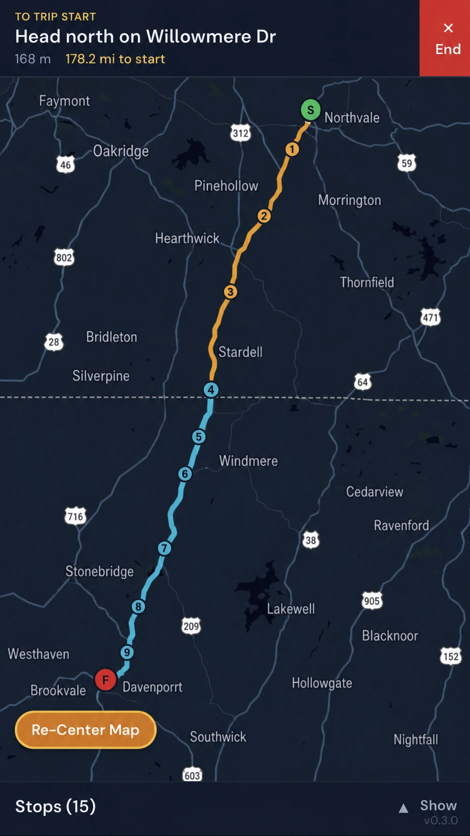 A multi-state trip in the SafeHaul navigator on a phone: numbered stops follow an amber path through the first state, then continue in cyan past a dashed state line down to the finish marker, over a dark map with US-highway shields.